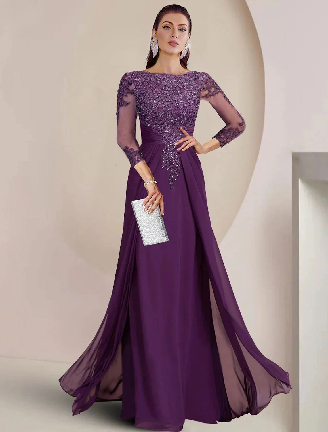 Sheath / Column Mother of the Bride Dress Formal Fall Wedding Guest Elegant Sequin Scoop Neck Floor Length Chiffon Lace 3/4 Sleeve with Appliques Sparkle & Shine by YiHuiw