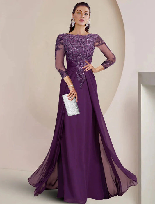 Sheath / Column Mother of the Bride Dress Formal Fall Wedding Guest Elegant Sequin Scoop Neck Floor Length Chiffon Lace 3/4 Sleeve with Appliques Sparkle & Shine by YiHuiw
