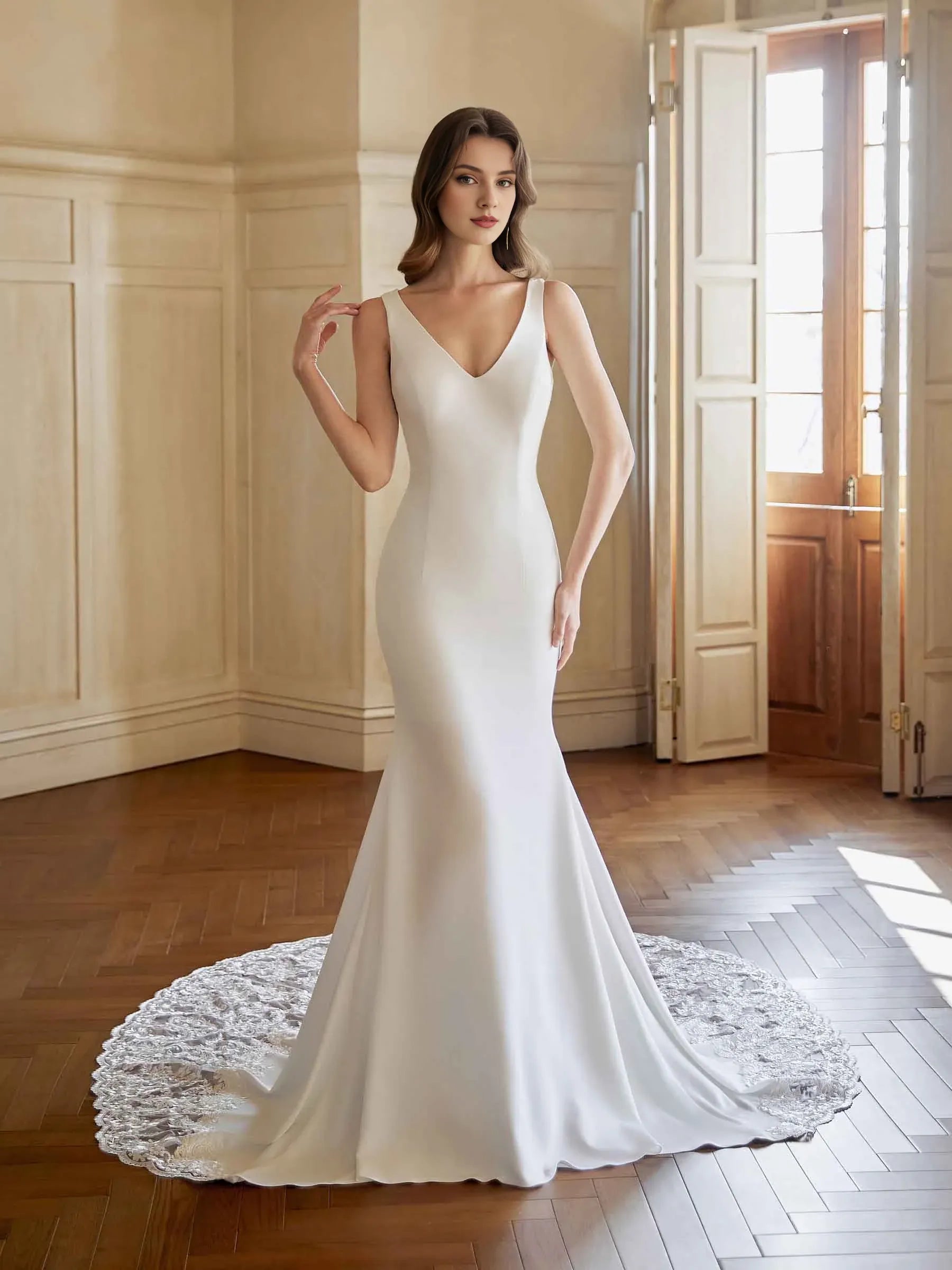 Mermaid V-Neck Sleeveless Floor-Length Wedding Dress - Yihuiw by Yihuiw