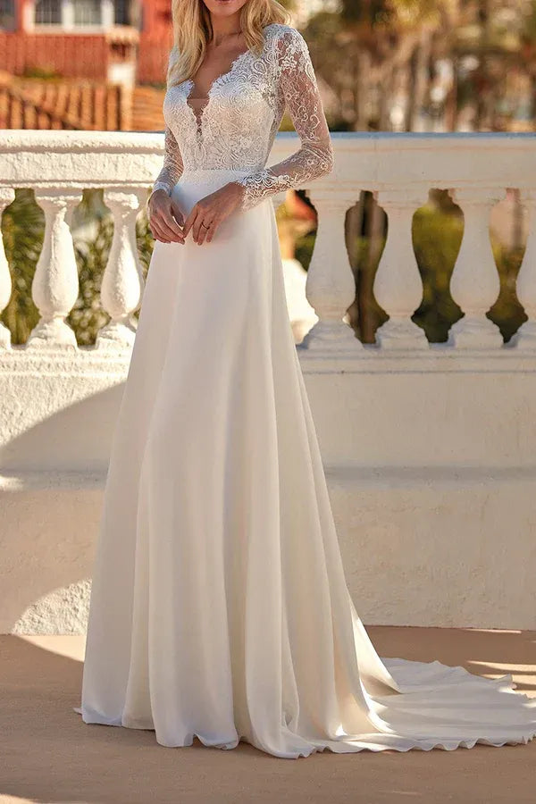 A-Line V-Neck Floor-Length Wedding Dress - Yihuiw by Yihuiw