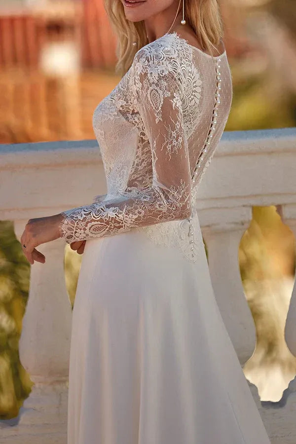 A-Line V-Neck Floor-Length Wedding Dress - Yihuiw by Yihuiw