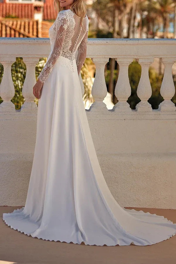 A-Line V-Neck Floor-Length Wedding Dress - Yihuiw by Yihuiw