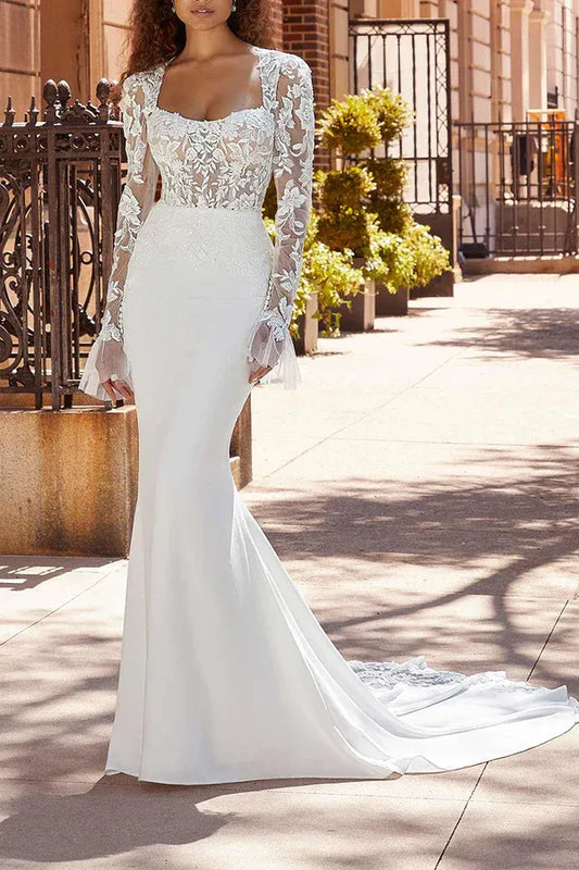 Mermaid Square Neck Floor-Length Wedding Dress - Yihuiw by Yihuiw