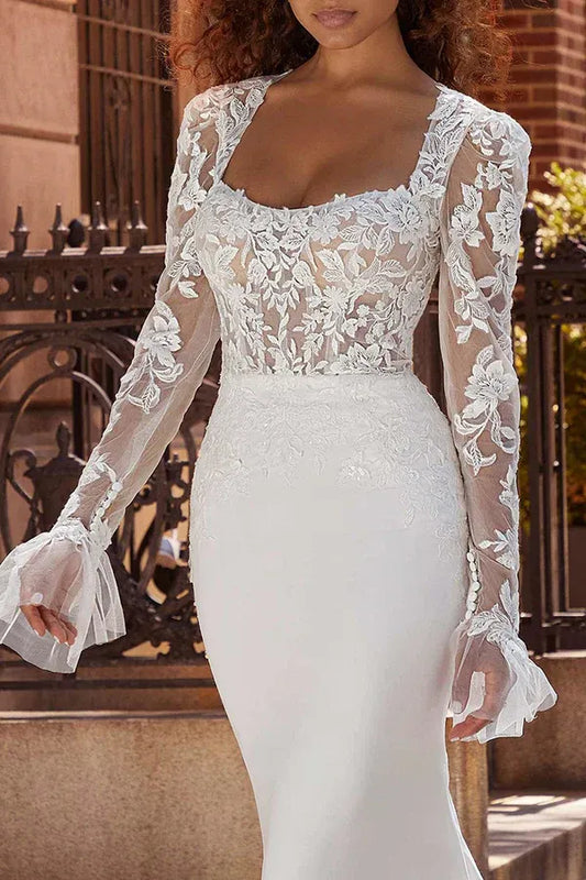 Mermaid Square Neck Floor-Length Wedding Dress - Yihuiw by Yihuiw
