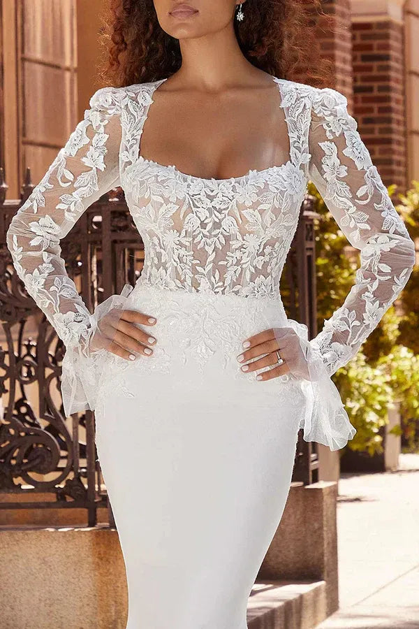 Mermaid Square Neck Floor-Length Wedding Dress - Yihuiw by Yihuiw