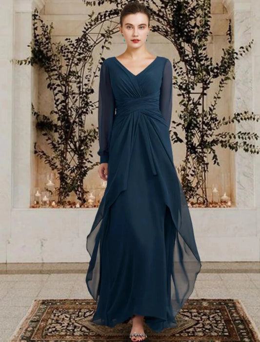 A-Line Mother of the Bride Dress Wedding Guest Plus Size Elegant V Neck Floor Length Chiffon Long Sleeve with Ruched Ruffles Side-Draped Fall by YiHuiw