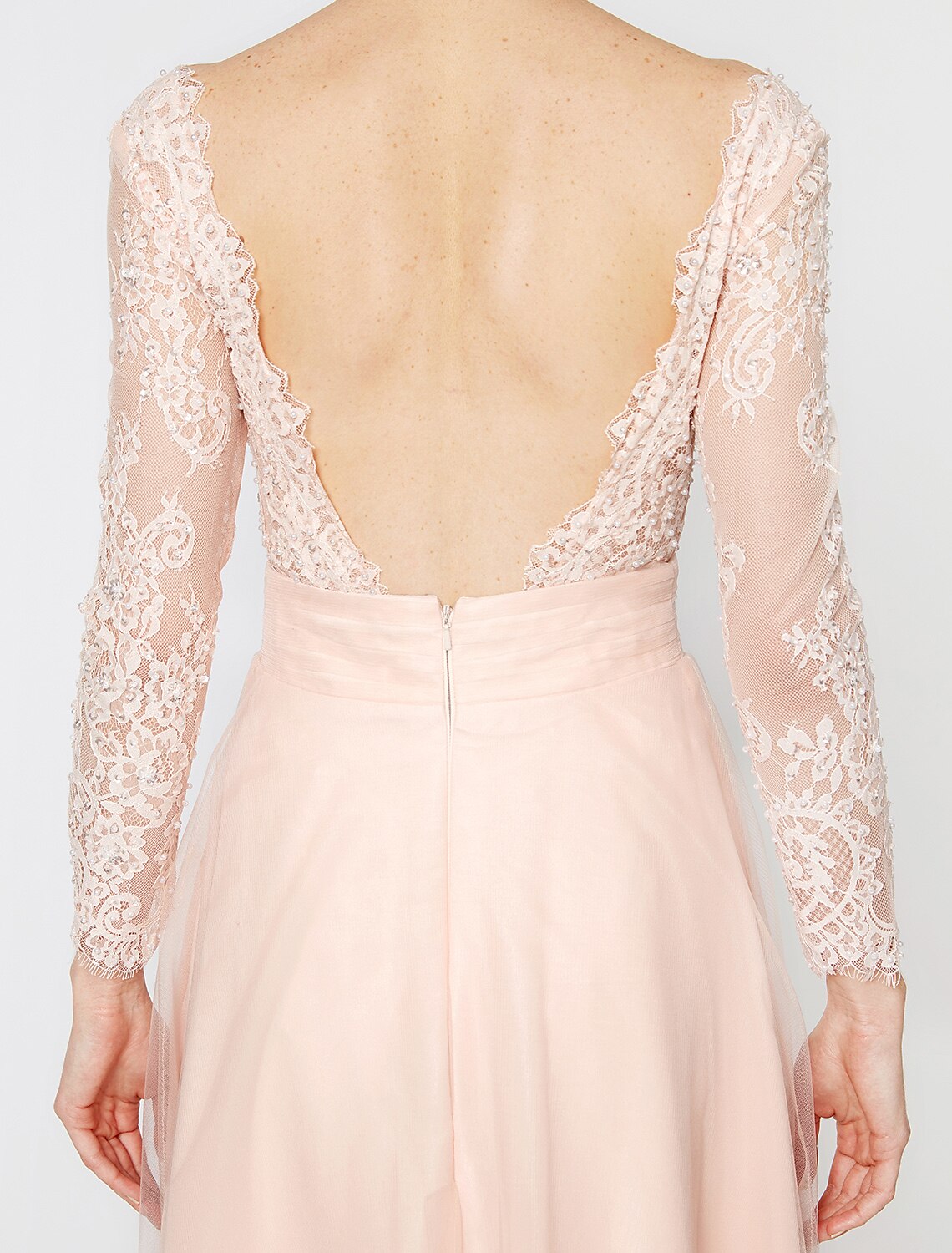 Ball Gown Pastel Colors Dress Holiday Cocktail Party Floor Length Long Sleeve V Neck Tulle Low Back with Beading Appliques by YiHuiw