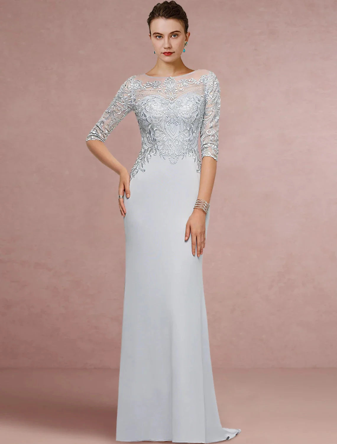 Sheath / Column Mother of the Bride Dress Wedding Guest Vintage Elegant Scoop Neck Sweep / Brush Train Chiffon Lace Half Sleeve with Sequin by YiHuiw