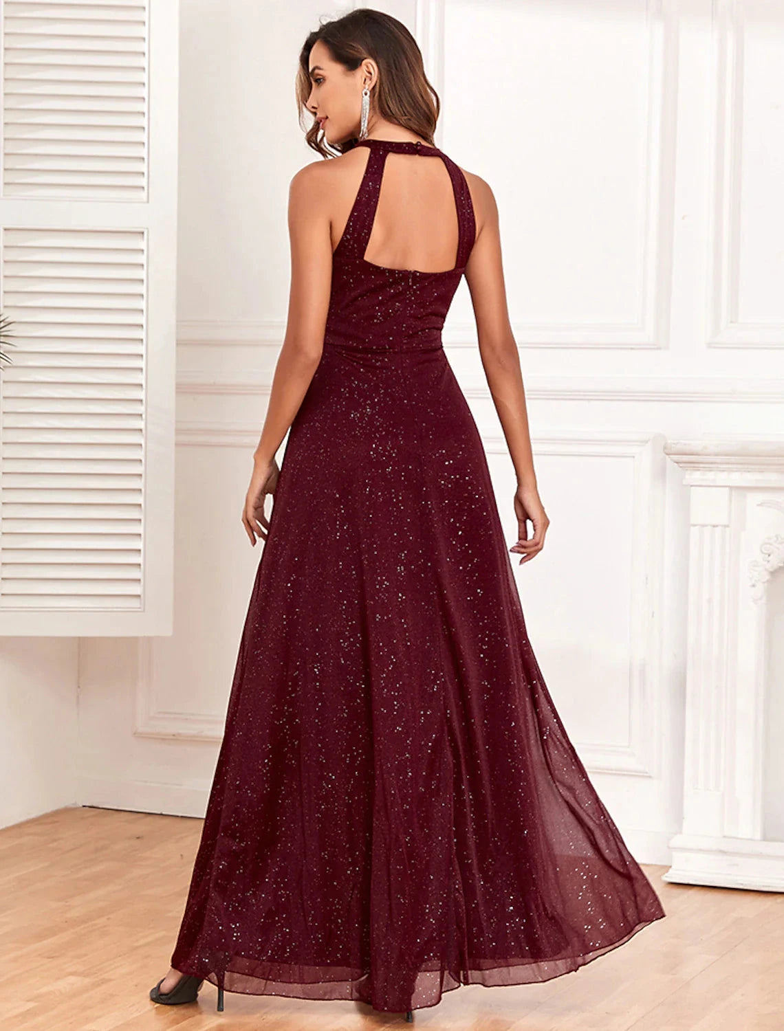 A-Line Evening Gown Empire Dress Evening Party Dress Wedding Reception Floor Length Sleeveless Halter Neck Polyester Backless V Back with Glitter by YiHuiw