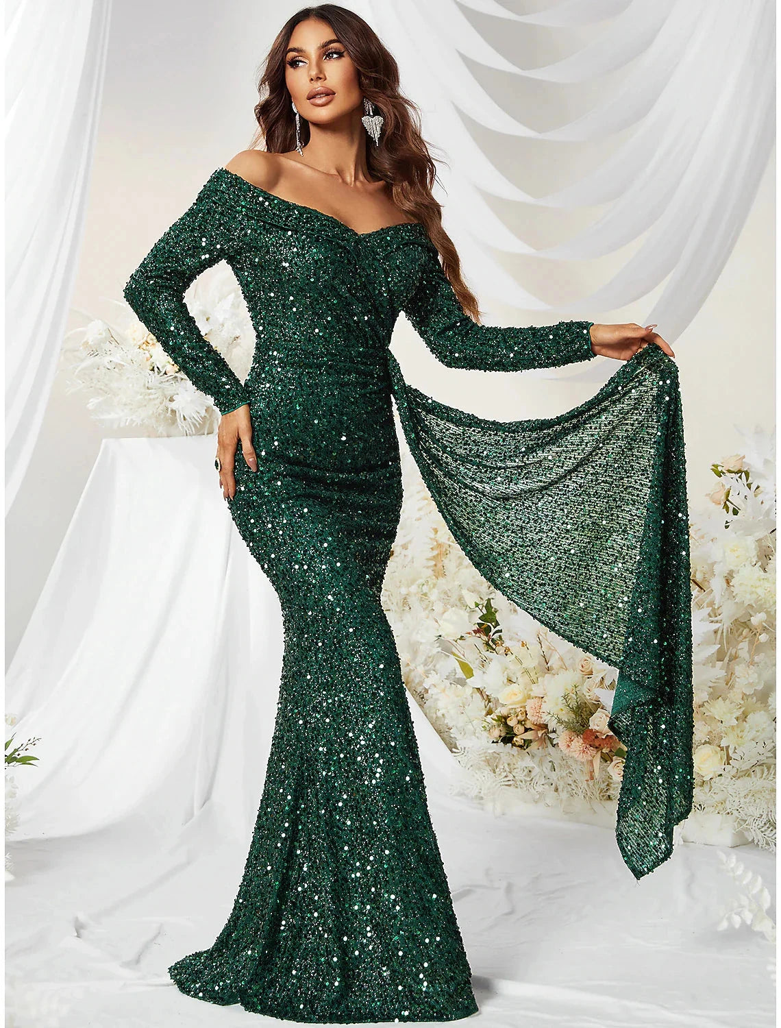 Mermaid / Trumpet Evening Gown Sparkle & Shine Dress Formal Cocktail Party Sweep / Brush Train Long Sleeve Off Shoulder Polyester with Sequin by YiHuiw