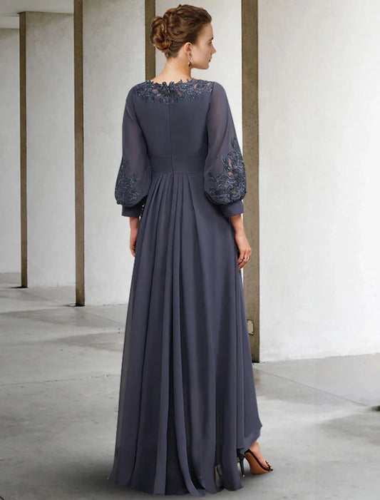 A-Line Mother of the Bride Dress Plus Size Elegant High Low Jewel Neck Asymmetrical Floor Length Chiffon Lace Half Sleeve with Pleats Appliques Side-Draped by YiHuiw