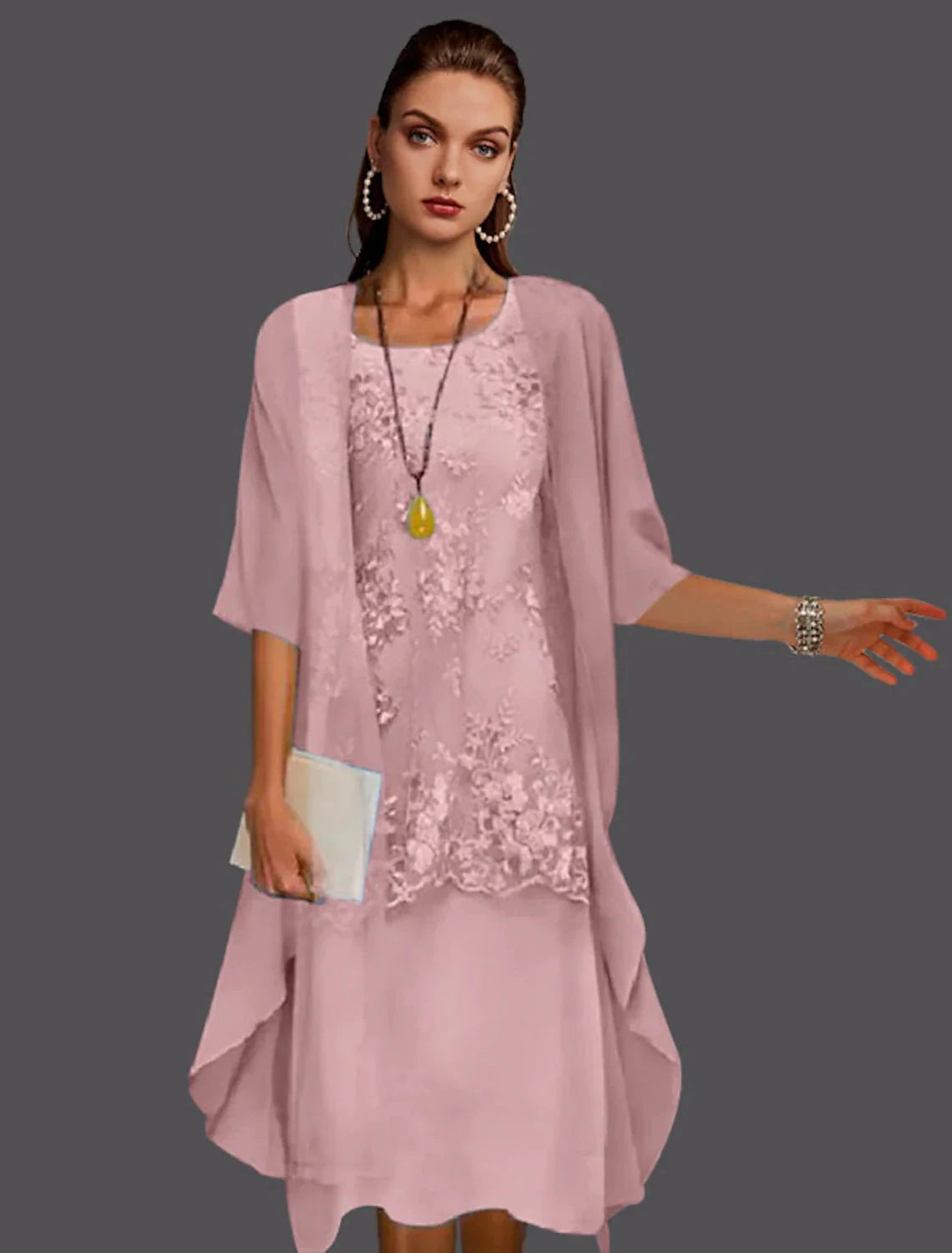 Two Piece Sheath / Column Mother of the Bride Dress Wedding Guest Formal Elegant Long Sleeve Jacket Chiffon Lace Scoop Neck Tea Length with Appliques by YiHuiw