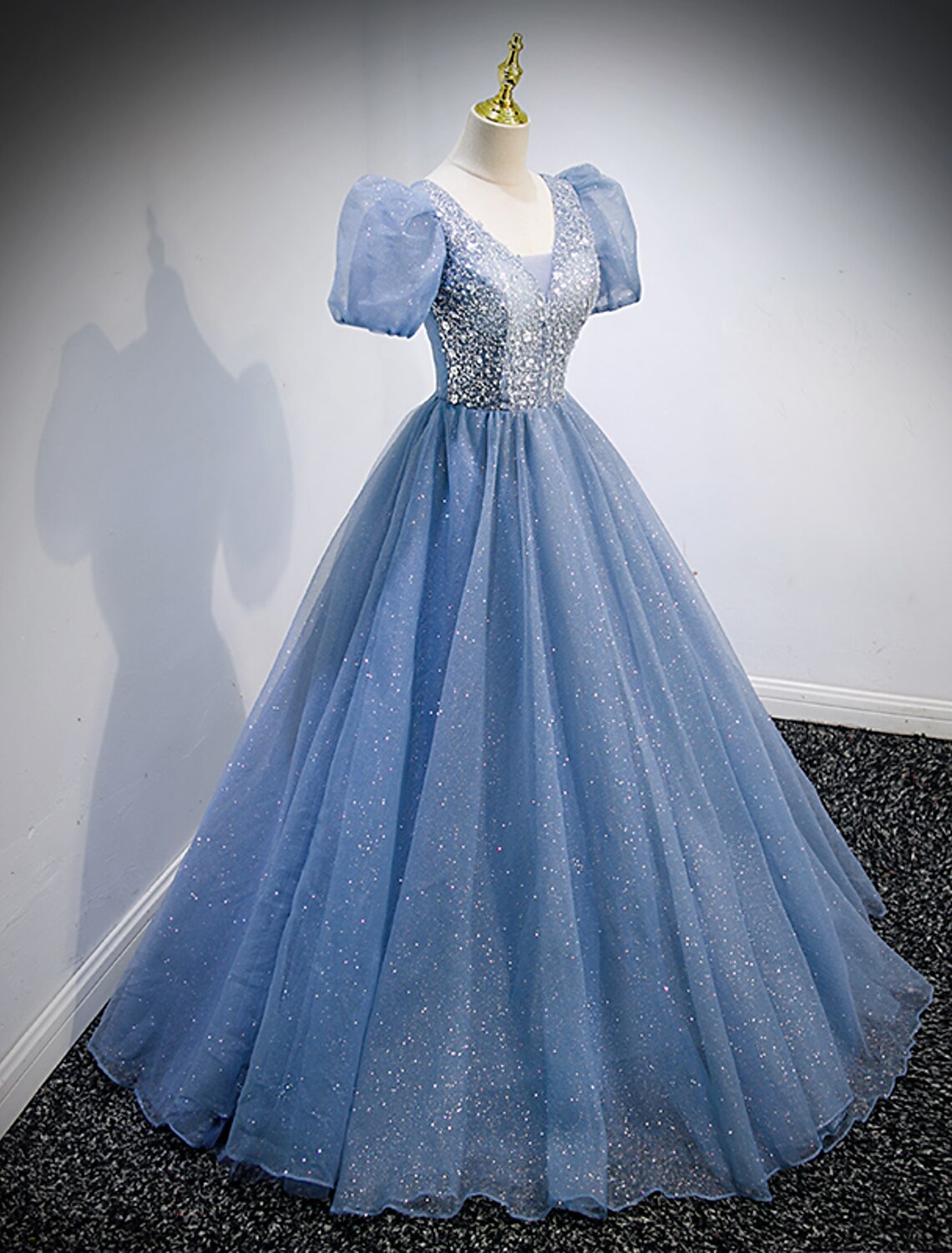 A-Line Prom Dresses Puffy Dress Quinceanera Floor Length Short Sleeve V Neck Tulle with Sequin