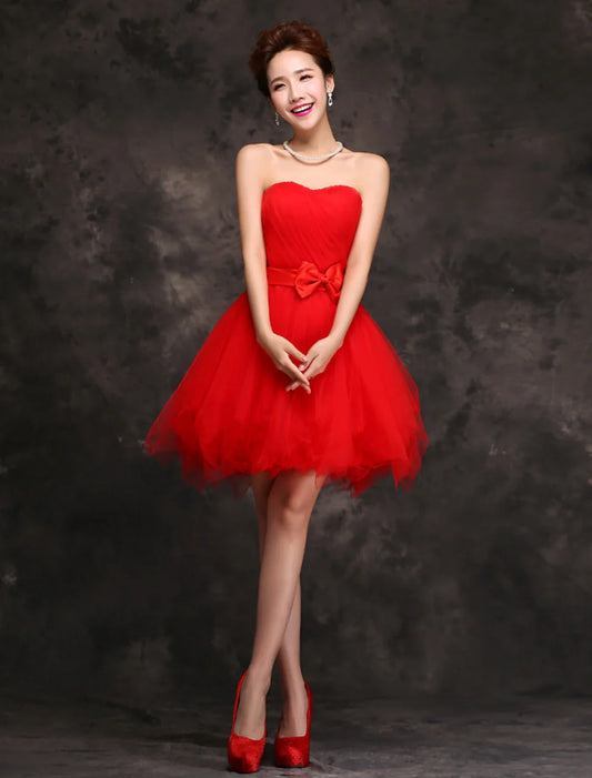 Ball Gown Cocktail Dresses Vintage Dress Homecoming Party Wear Short / Mini Sleeveless Sweetheart Tulle with Bow(s) Ruffles Pure Color