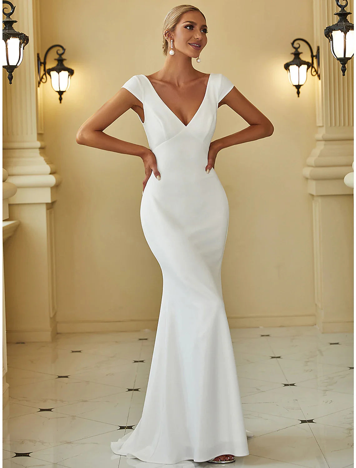 Reception Casual Wedding Dresses Mermaid / Trumpet V Neck Cap Sleeve Sweep / Brush Train  Fabric Bridal Gowns With Draping Solid Color  Summer Wedding Party  Women's Clothing