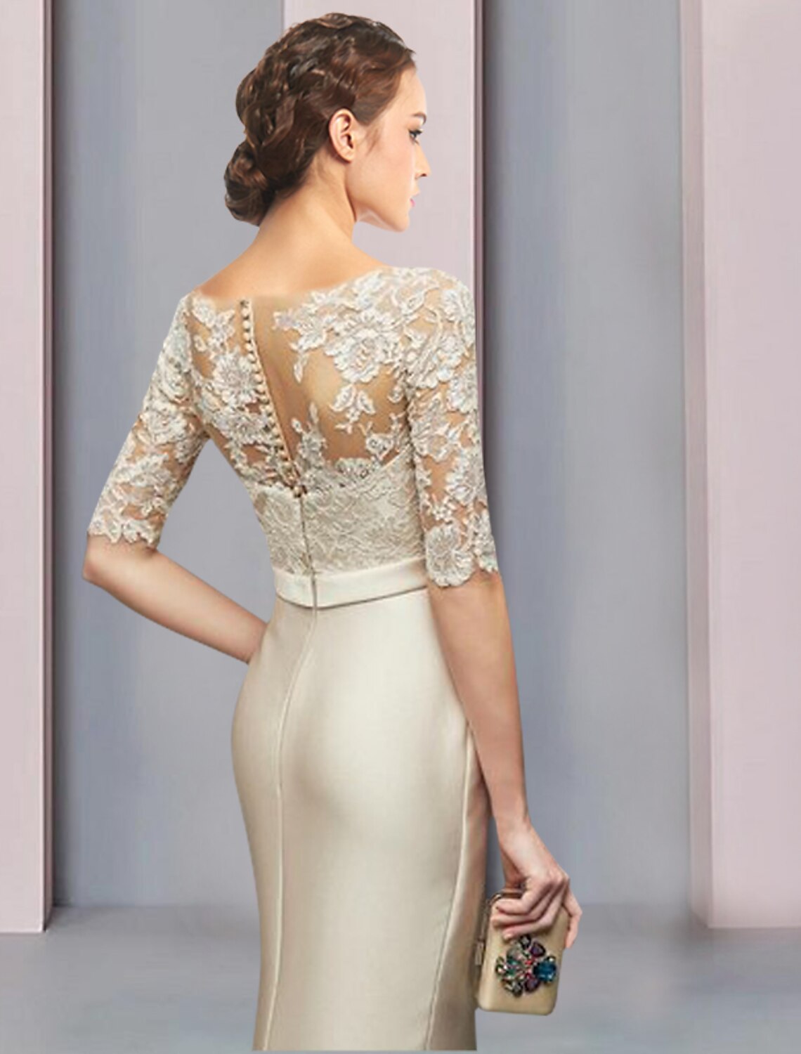 Sheath / Column Mother of the Bride Dress Wedding Guest Party Elegant Jewel Neck Floor Length Satin Lace Half Sleeve with Bow(s) Ruching by YiHuiw