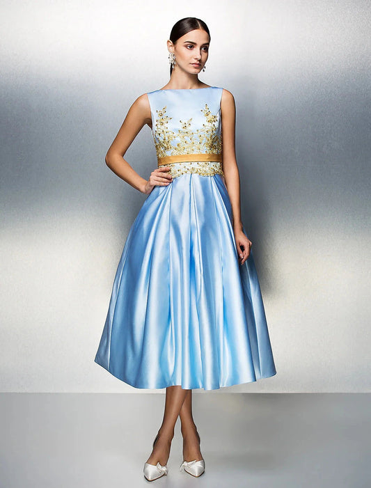 A-Line Cocktail Dresses Party Dress Wedding Guest Prom Tea Length Sleeveless Jewel Neck Satin V Back with Pleats Appliques by YiHuiw