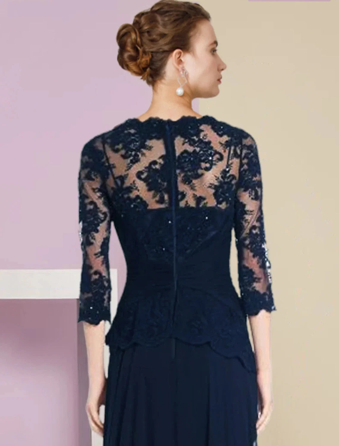 A-Line Mother of the Bride Dress Formal Wedding Guest Elegant Scoop Neck Floor Length Chiffon Lace Half Sleeve with Pleats Appliques Crystal Brooch by YiHuiw