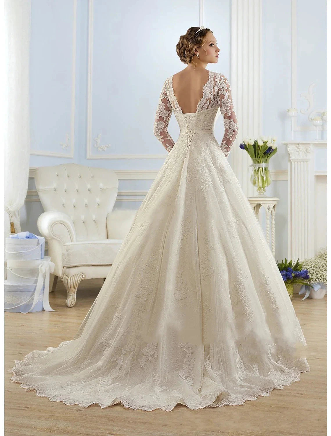 Engagement Formal Fall Wedding Dresses Ball Gown Illusion Neck Long Sleeve Court Train Lace Church Bridal Gowns With Appliques Summer Wedding Party, Women‘s Clothing by YiHuiw
