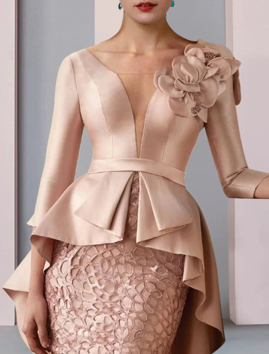 Sheath / Column Mother of the Bride Dress Fall Wedding Guest Party Elegant V Neck Floor Length Satin Lace 3/4 Length Sleeve with Appliques Cascading Ruffles Flower by YiHuiw