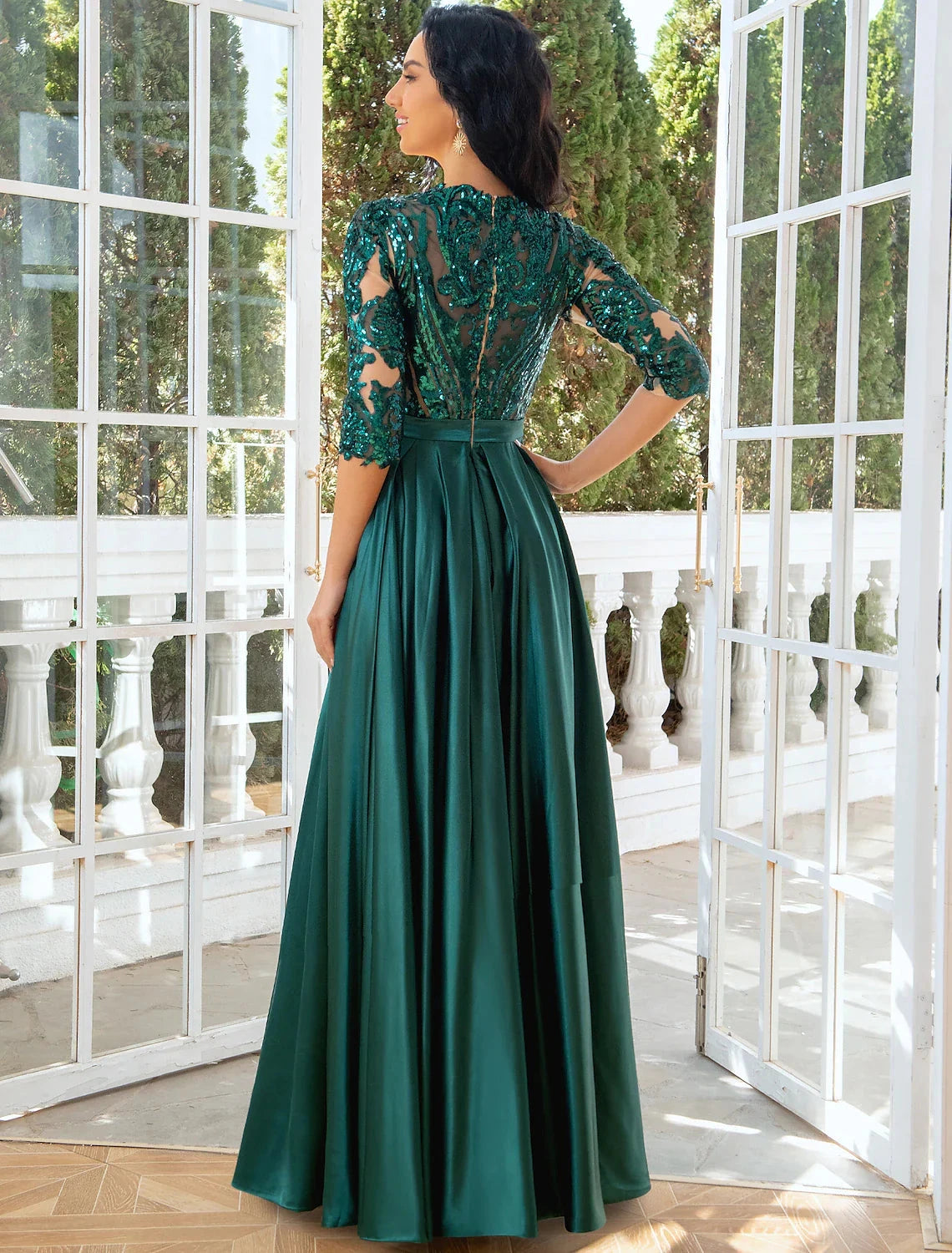 A-Line Evening Gown Elegant Dress Wedding Party Floor Length Half Sleeve Illusion Neck Satin with Pleats Sequin Slit by YiHuiw