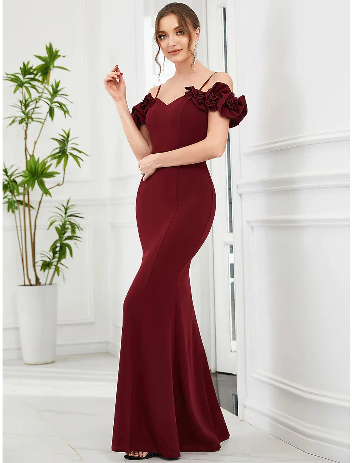 Mermaid / Trumpet Evening Gown Vintage Dress Engagement Floor Length Sleeveless Off Shoulder Polyester with Ruffles by YiHuiw