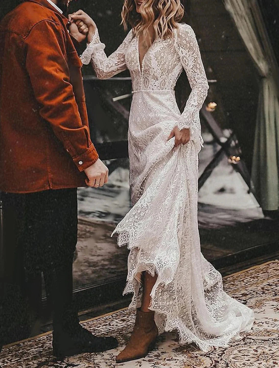 Beach Open Back Boho Wedding Dresses A-Line V Neck Long Sleeve Court Train Lace Bridal Gowns With Solid Color by YiHuiw