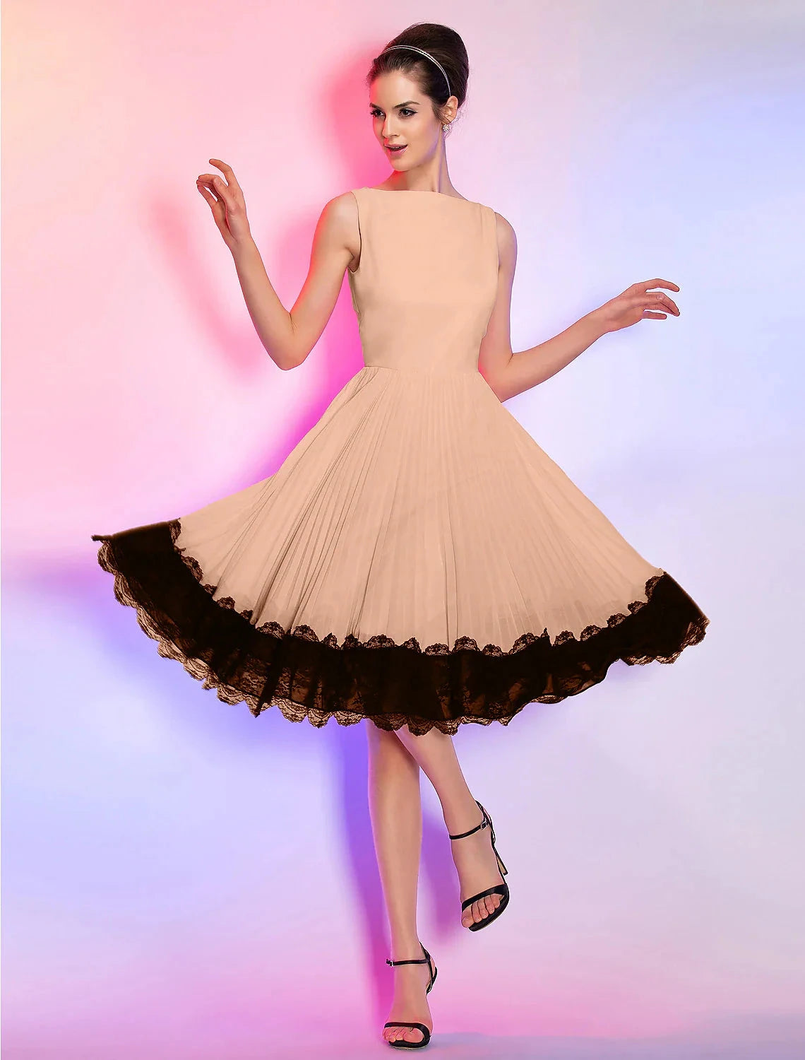 A-Line Vintage Dress Homecoming Graduation Knee Length Sleeveless Boat Neck Pink Dress Chiffon with Lace Insert by YiHuiw