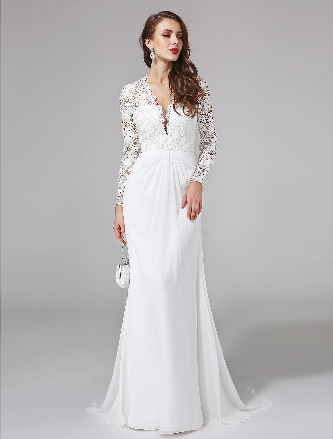 Beach Royal Style Boho Wedding Dresses Sheath / Column Illusion Neck Long Sleeve Sweep / Brush Train Chiffon Bridal Gowns With Lace Button Summer Wedding Party, Women's Clothing by YiHuiw