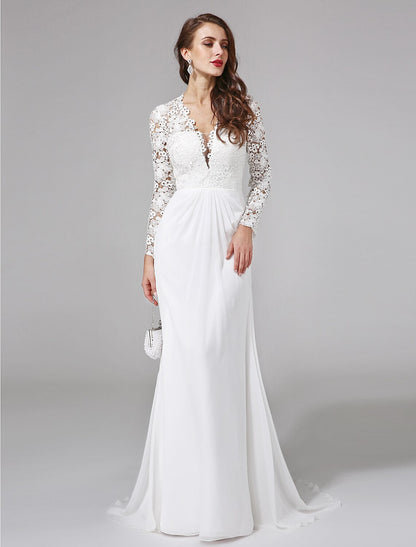Beach Royal Style Boho Wedding Dresses Sheath / Column Illusion Neck Long Sleeve Sweep / Brush Train Chiffon Bridal Gowns With Lace Button Summer Wedding Party, Women's Clothing by YiHuiw