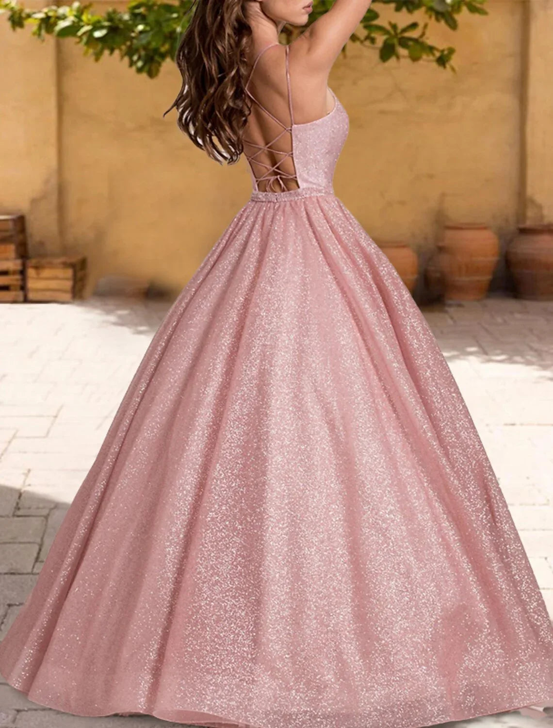 Ball Gown Quinceanera Dresses Sparkle & Shine Dress Sweet 16 Floor Length Sleeveless Spaghetti Strap Tulle with Glitter Criss Cross Pleats by YiHuiw