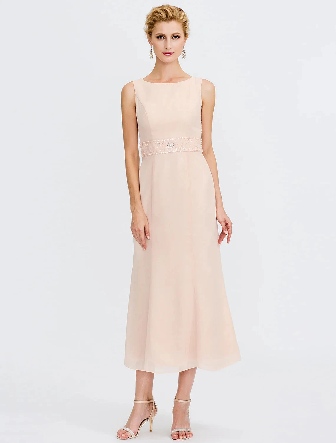 Two Piece Sheath / Column Mother of the Bride Dress Wedding Guest Plus Size Elegant with Jacket Long Sleeve Scoop Neck Tea Length Chiffon Sash / Ribbon Pleats Beading by YiHuiw