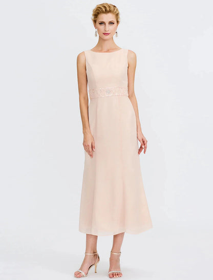 Two Piece Sheath / Column Mother of the Bride Dress Wedding Guest Plus Size Elegant with Jacket Long Sleeve Scoop Neck Tea Length Chiffon Sash / Ribbon Pleats Beading by YiHuiw
