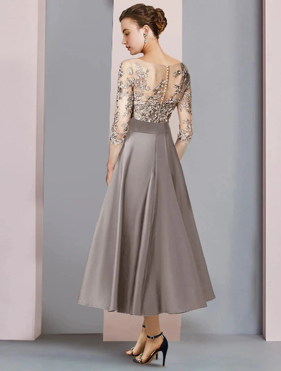 A-Line Mother of the Bride Dress Wedding Guest Party Elegant Scoop Neck Tea Length Satin Lace Half Sleeve with Bow(s) Appliques by YiHuiw
