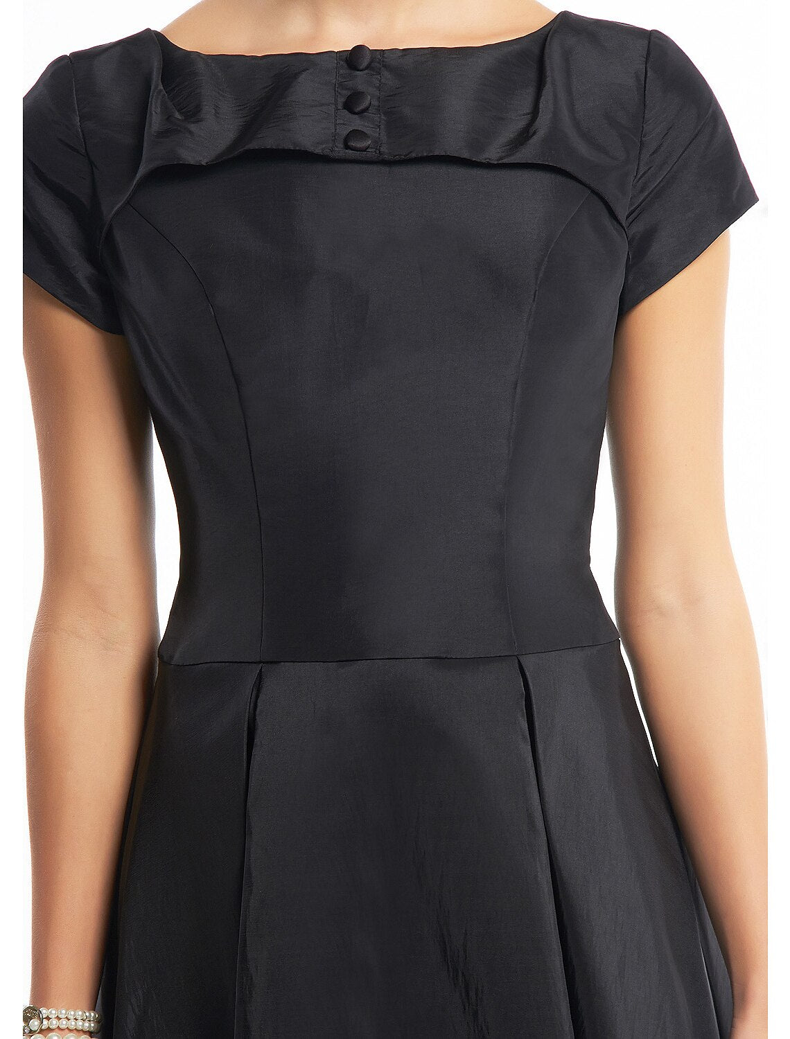 A-Line Black Dress Vintage Homecoming Wedding Guest Tea Length Short Sleeve Boat Neck Taffeta with Buttons by YiHuiw