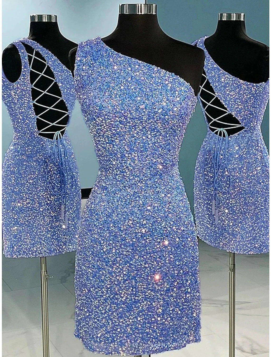 A-Line Sheath / Column Homecoming Dresses Sparkle & Shine Dress Holiday Graduation Short / Mini Sleeveless One Shoulder Sequined with Glitter Strappy by YiHuiw