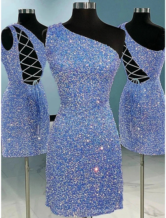 A-Line Sheath / Column Homecoming Dresses Sparkle & Shine Dress Holiday Graduation Short / Mini Sleeveless One Shoulder Sequined with Glitter Strappy by YiHuiw