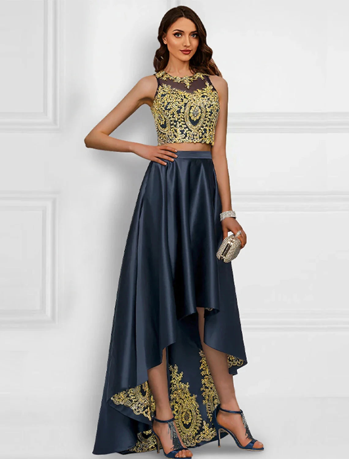 Two Piece Cocktail Dresses Sparkle & Shine Dress Prom Wedding Party Asymmetrical Sleeveless Jewel Neck Charmeuse with Appliques by YiHuiw