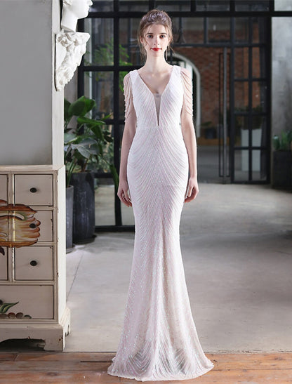 Mermaid / Trumpet Evening Gown Sparkle & Shine Dress Formal Wedding Guest Floor Length Sleeveless V Neck Sequined with Fringe Sequin Tassel by YiHuiw