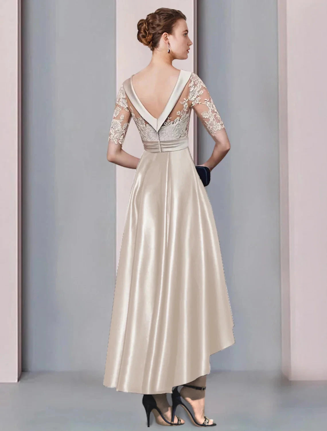 A-Line Mother of the Bride Dress Wedding Guest Elegant High Low Scoop Neck Asymmetrical Tea Length Satin Lace Half Sleeve with Appliques by YiHuiw