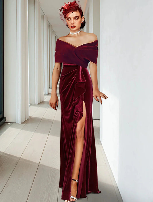 Sheath / Column Evening Gown Elegant Dress Wedding Guest Cocktail Party Floor Length Sleeveless V Neck Velvet with Pleats Ruffles by YiHuiw
