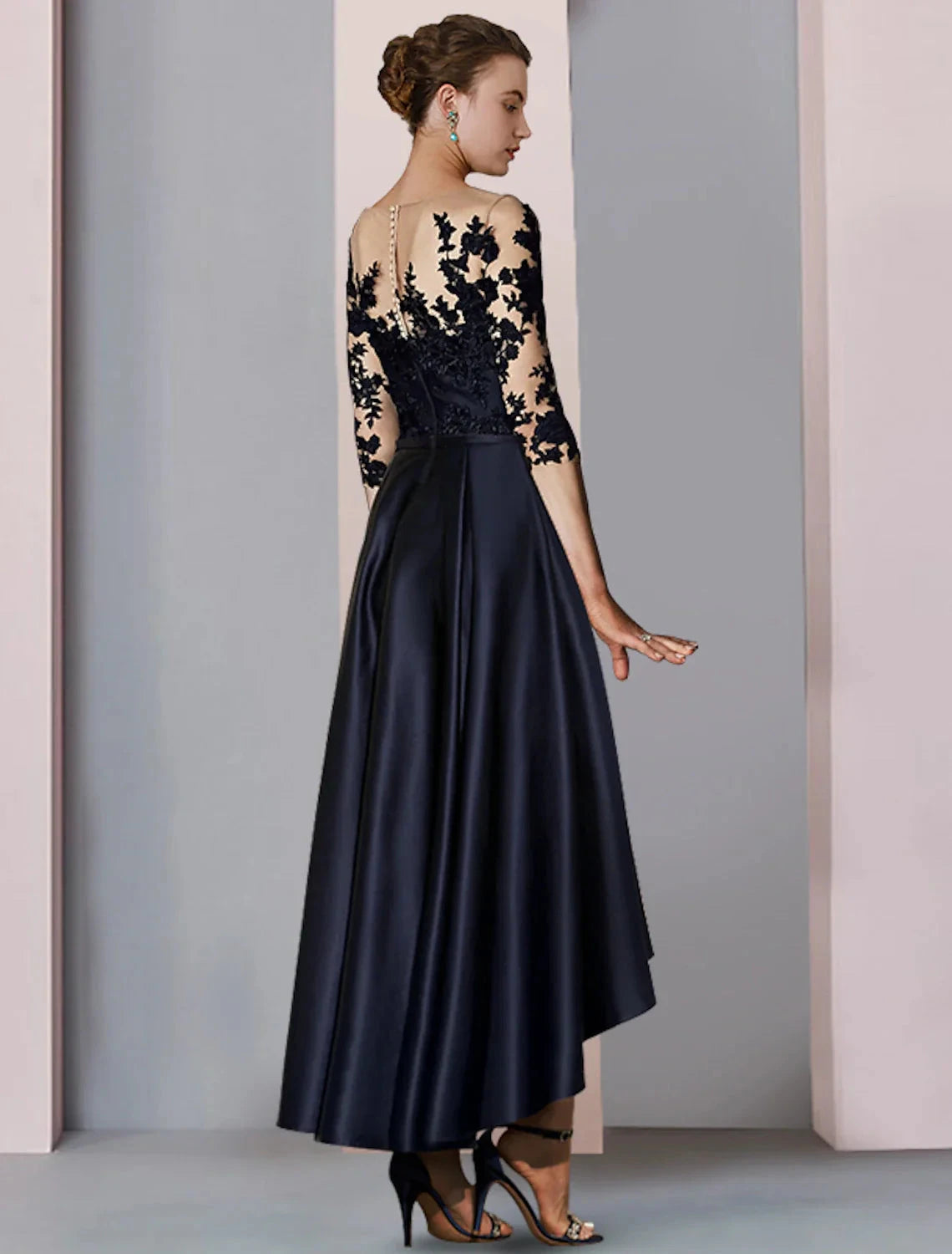 A-Line Mother of the Bride Dress Fall Wedding Guest Elegant High Low Scoop Neck Asymmetrical Tea Length Satin Lace 3/4 Length Sleeve with Pleats Appliques by YiHuiw
