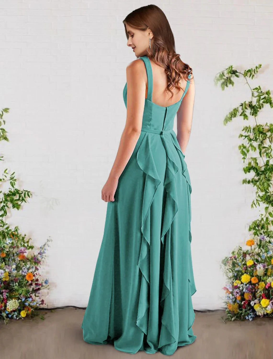 A-Line Bridesmaid Dress V Neck Sleeveless Elegant Floor Length Chiffon with Ruffles by YiHuiw