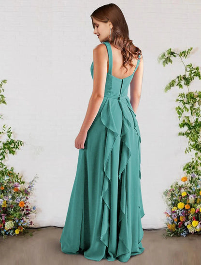 A-Line Bridesmaid Dress V Neck Sleeveless Elegant Floor Length Chiffon with Ruffles by YiHuiw