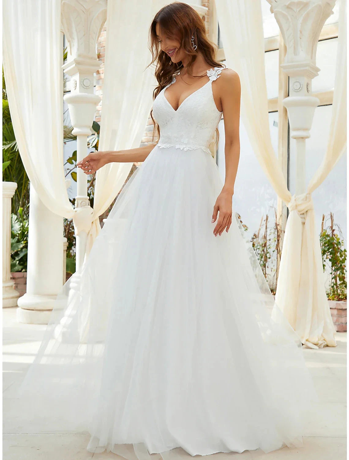 Reception Casual Wedding Dresses A-Line Sweetheart V Wire Regular Straps Sweep / Brush Train Tulle Bridal Gowns With Crystals Appliques Summer Wedding Party, Women's Clothing by YiHuiw