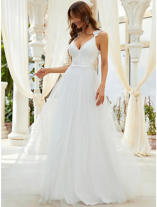 Reception Casual Wedding Dresses A-Line Sweetheart V Wire Regular Straps Sweep / Brush Train Tulle Bridal Gowns With Crystals Appliques Summer Wedding Party, Women's Clothing by YiHuiw