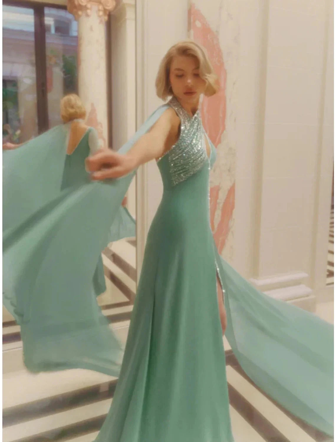 A-Line Evening Gown Elegant Dress Formal Court Train Sleeveless V Neck Sequined with Glitter Pleats Slit by YiHuiw
