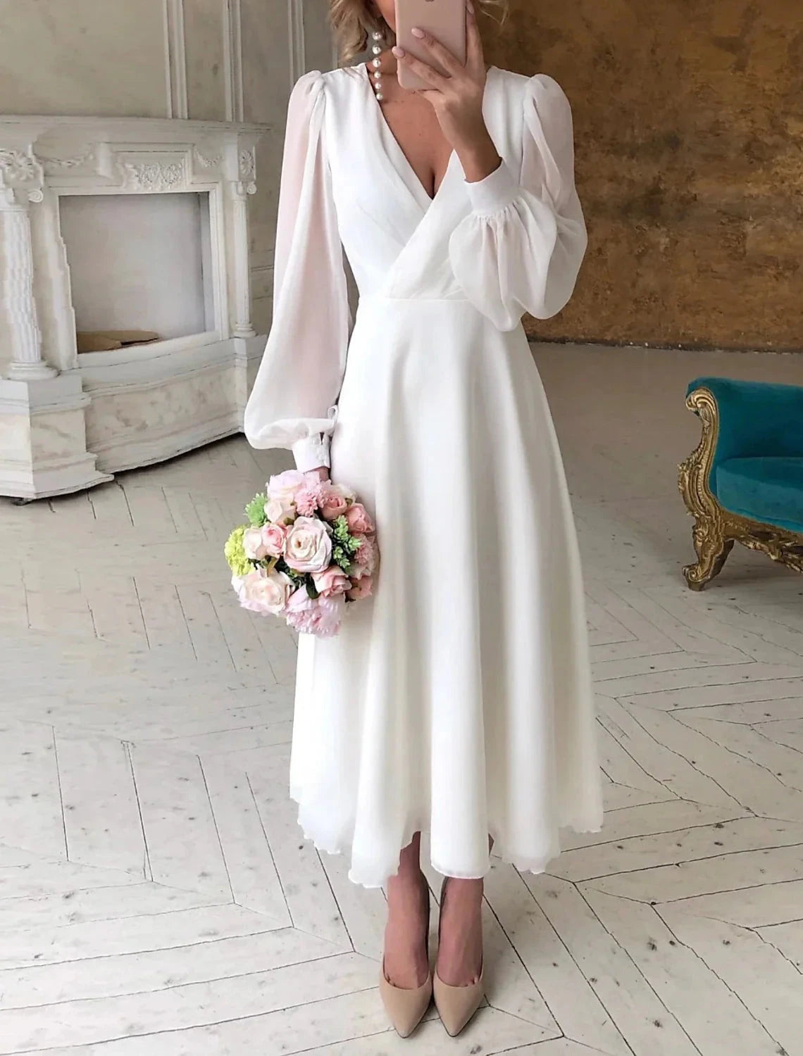 Reception Little White Dresses Wedding Dresses A-Line V Neck Long Sleeve Ankle Length Chiffon Bridal Gowns With Solid Color by YiHuiw