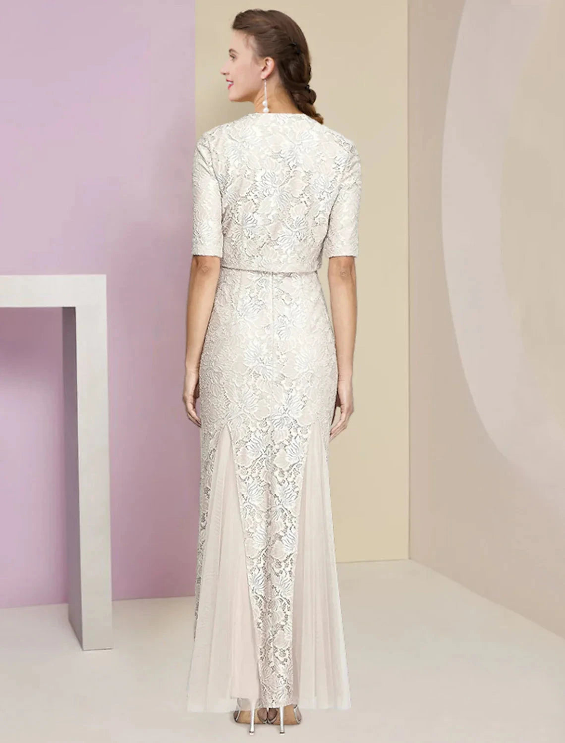 Two Piece A-Line Mother of the Bride Dress Formal Wedding Guest Elegant Winter With Jacket Half Sleeve V Neck Ankle Length Chiffon Lace Pleats Appliques by YiHuiw