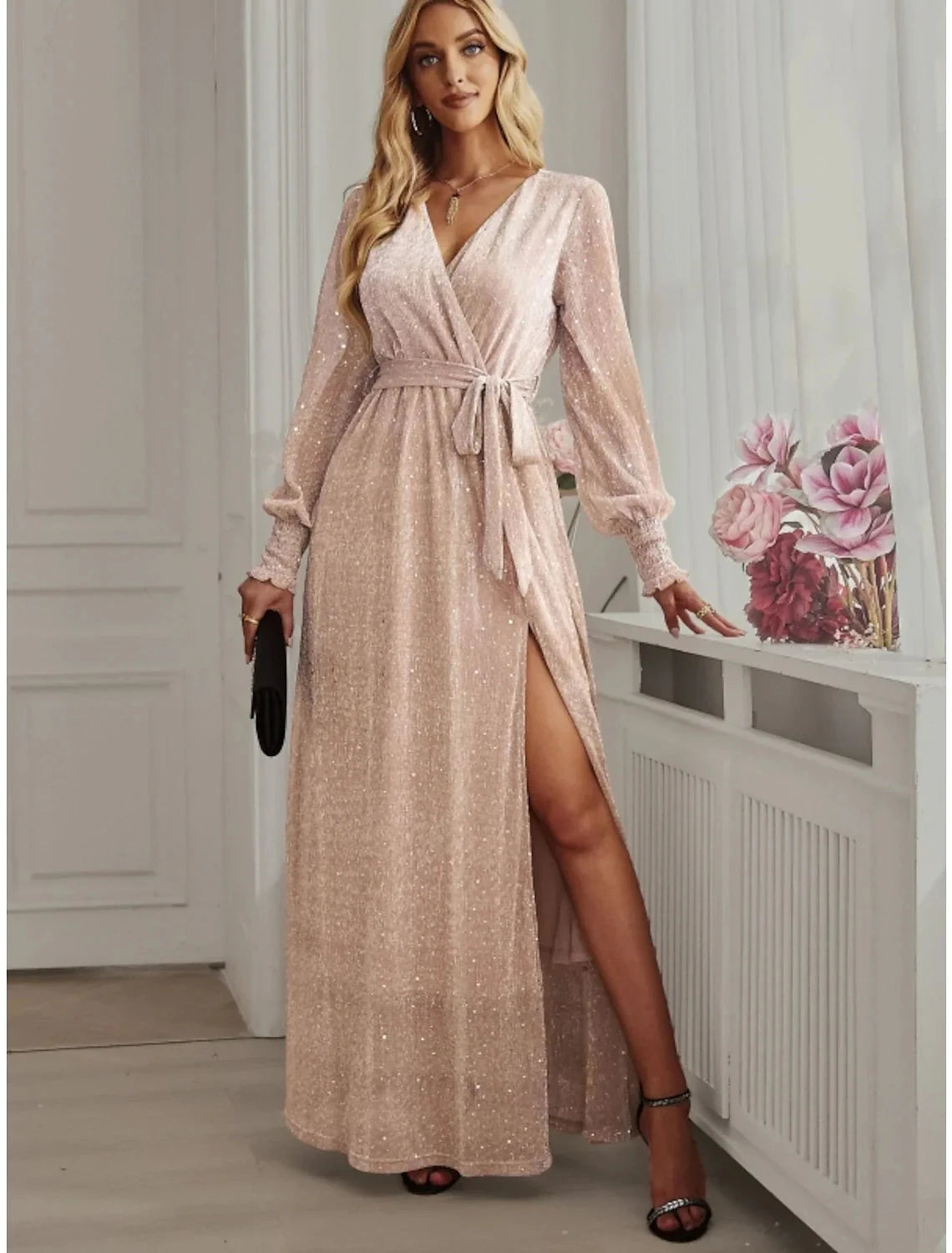A-Line Party Dresses Sparkle & Shine Dress Birthday Fall Ankle Length Long Sleeve V Neck Chiffon with Glitter Sequin Slit by YiHuiw